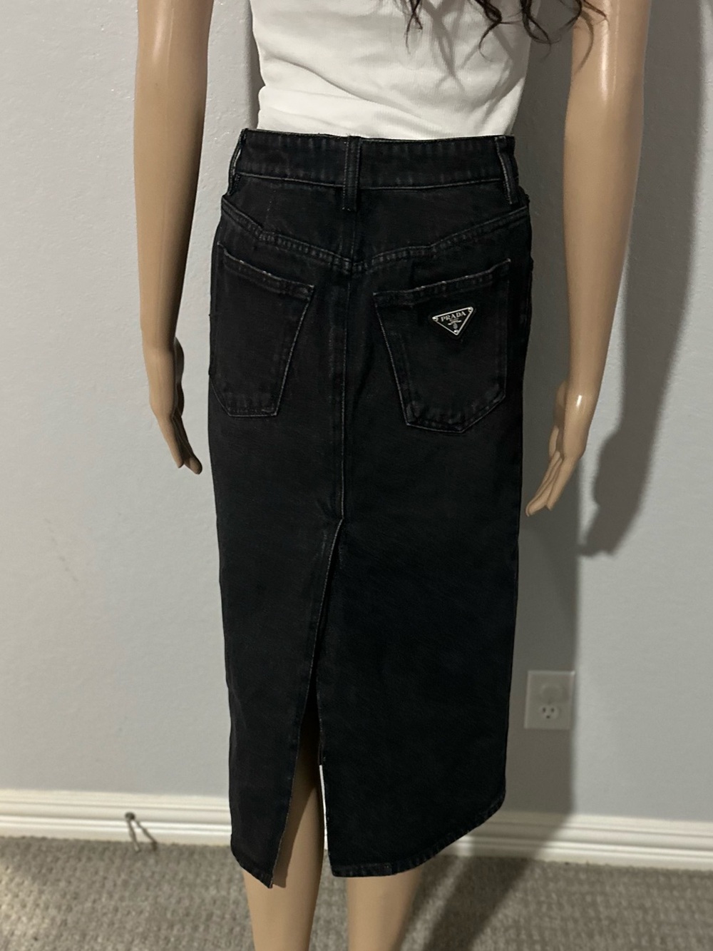 Prada Black Mid-Rise Denim Midi Skirt - Picture 9 of 13